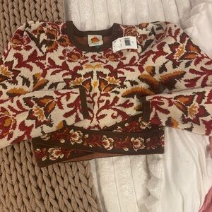 FARM Rio Burgundy and Orange Patterned Crew Neck Sweater